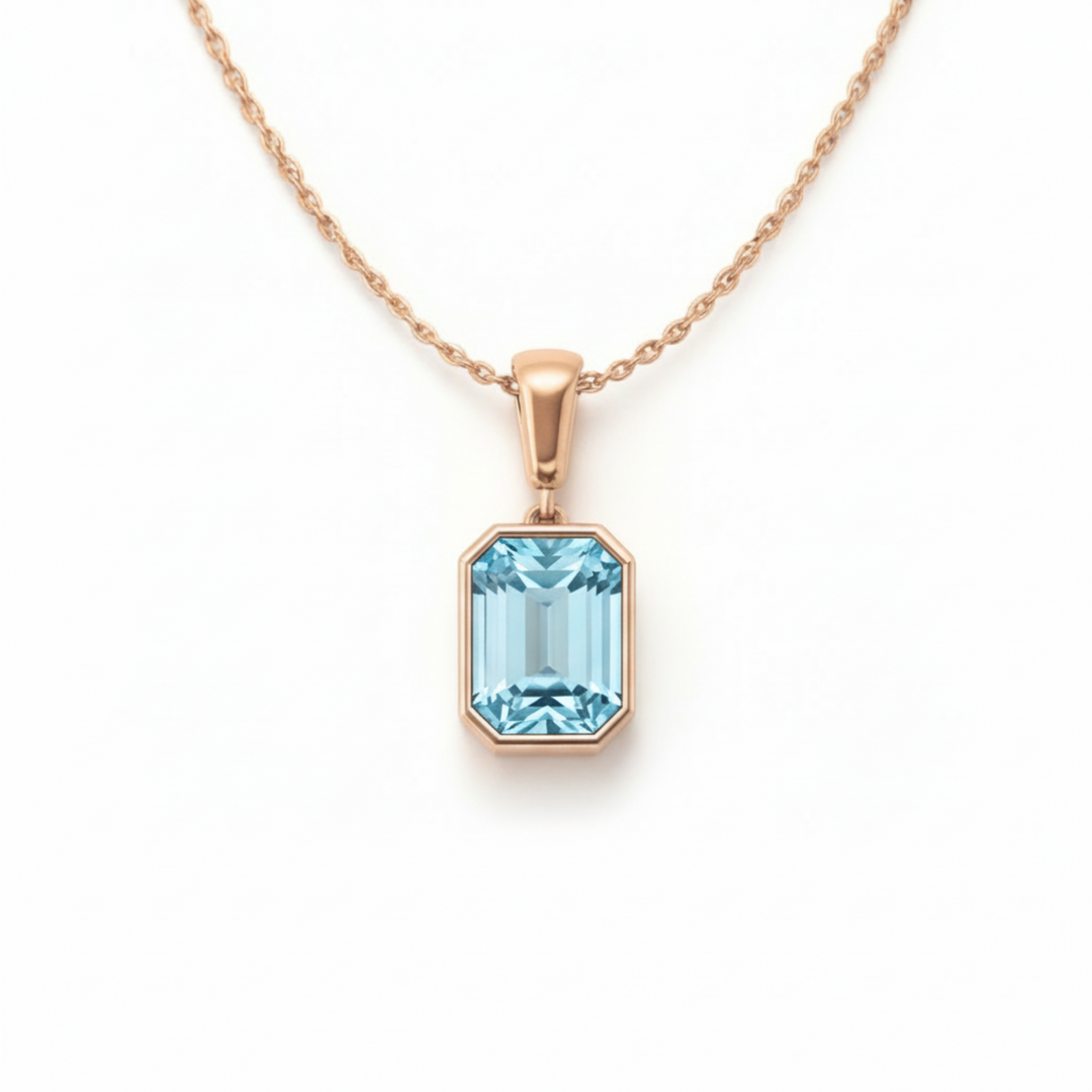 sky blue topaz necklace in 14k rose gold emerald cut natural topaz pendant, December birthstone jewelry | Rare Earth Jewelry