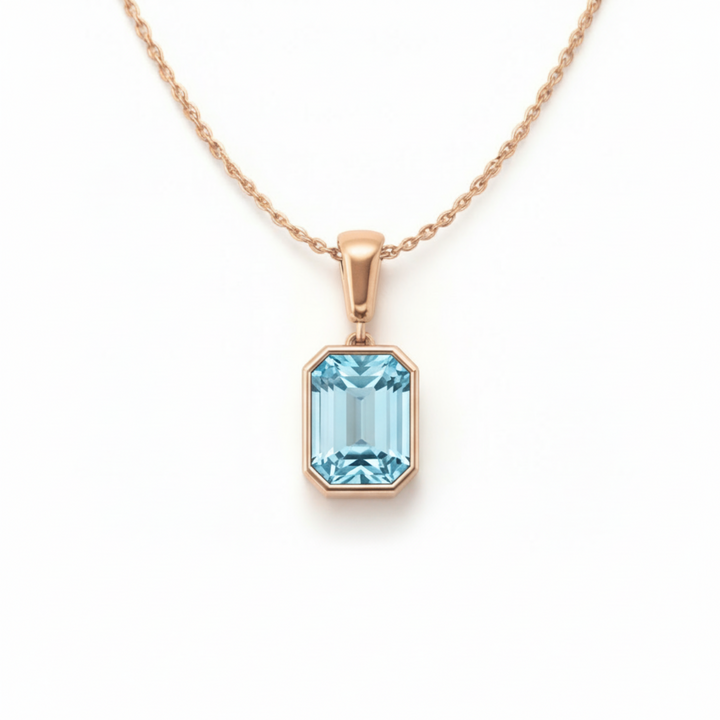 sky blue topaz necklace in 14k rose gold emerald cut natural topaz pendant, December birthstone jewelry | Rare Earth Jewelry