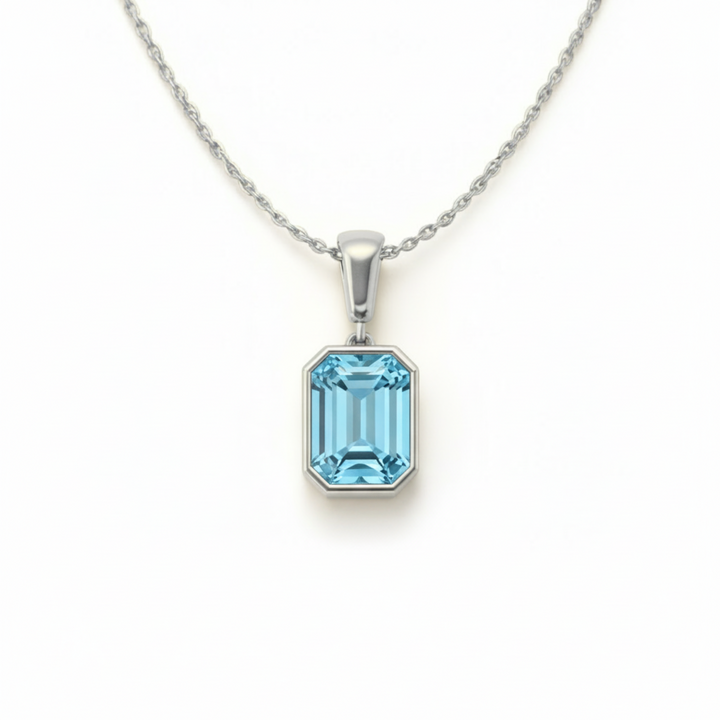 emerald cut sky blue topaz pendant in 14k white gold bezel light blue topaz necklace, December birthday gift | Rare Earth Jewelry