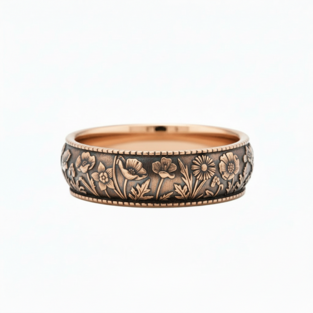 14K Rose Gold Vintage Floral Engraved Wedding Band with Poppy, Daisy and Daffodil Flowers in an antique patina.  Nature Inspired Wedding Rings | Rare Earth Jewelry