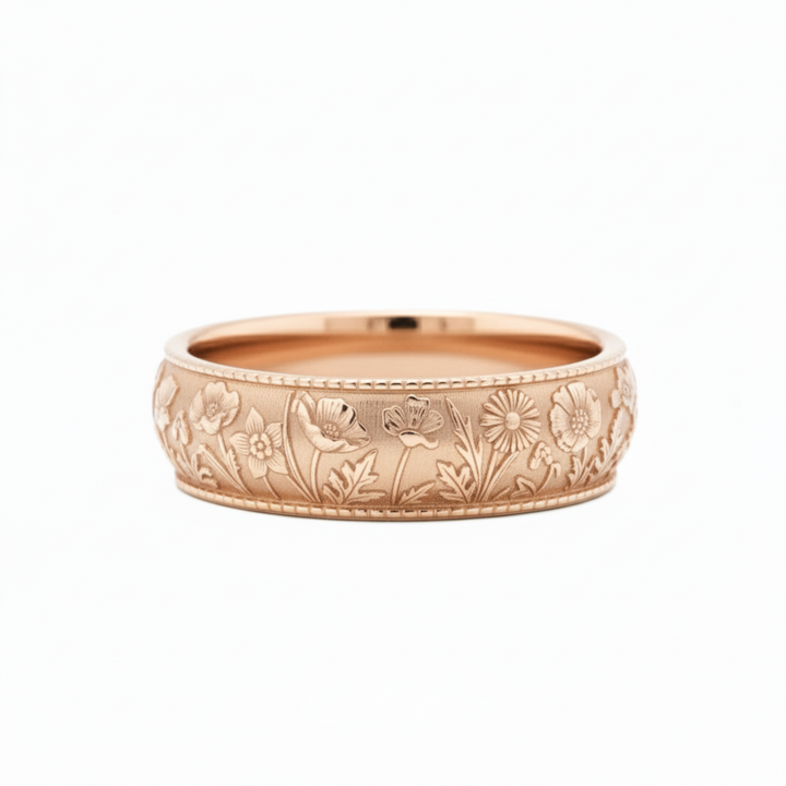 Nature inspired wildflower engraved band with detailed poppy, daisy and daffodil motifs in 14K Rose Gold | Rare Earth Jewelry