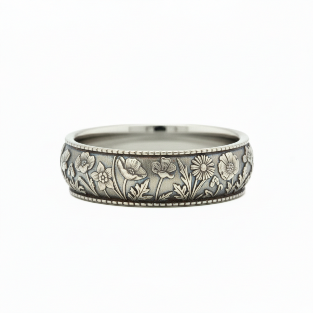 Vintage style engraved wedding band with spring flowers, poppy, daisy and daffodil floral pattern in 14K White Gold  with an antique patina, unique botanical wedding rings | Rare Earth Jewelry