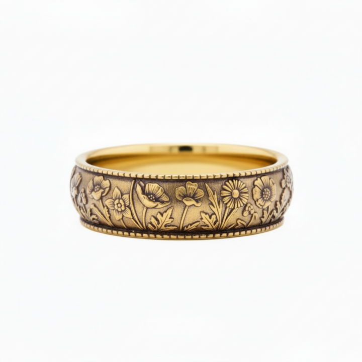 Spring Wildflower Wedding Band, Engraved Floral Wedding Ring with Poppies, Daffodils and Daisies in 14K Yellow Gold and an Antique Patina.  Modern Botanical Design Jewelry | Rare Earth Jewelry
