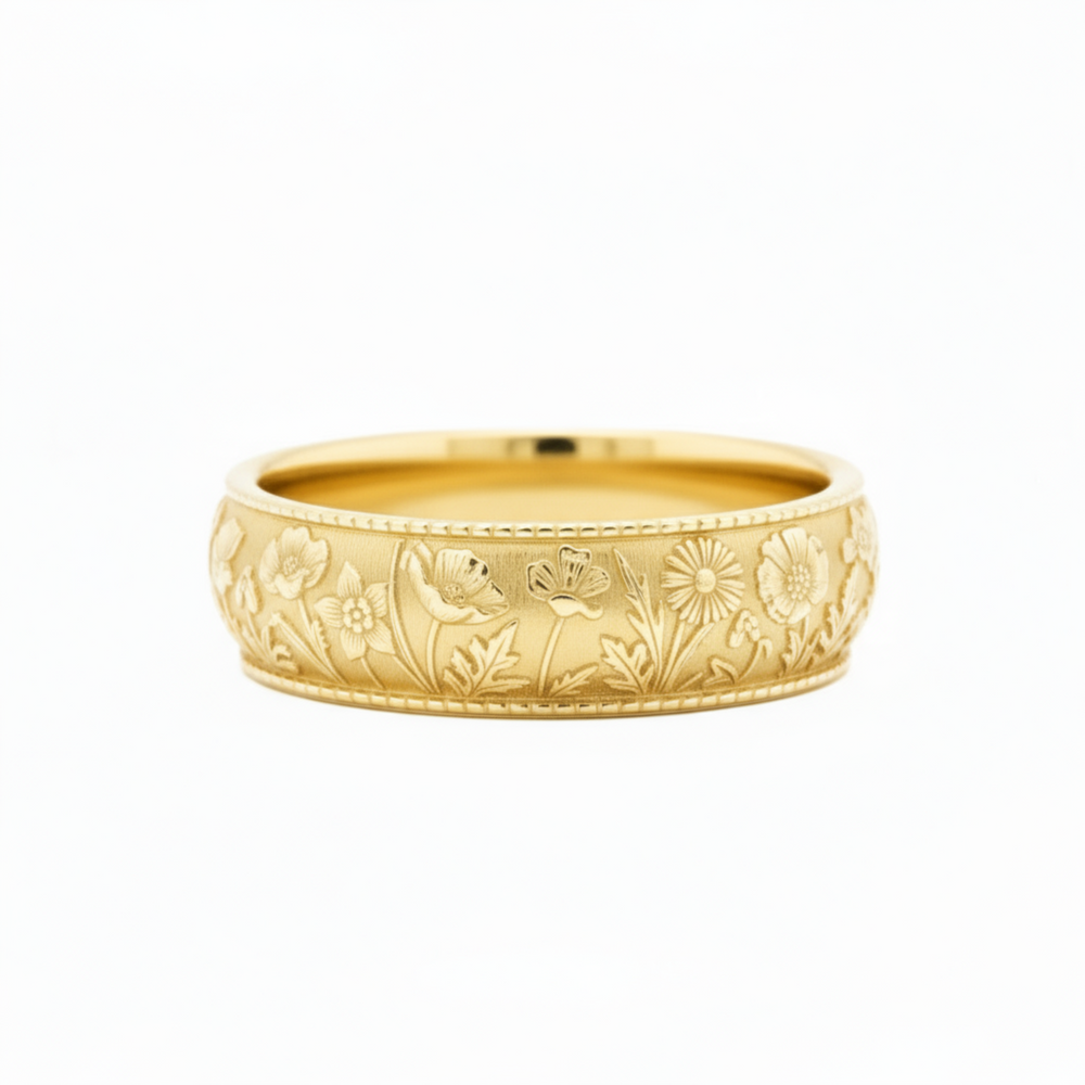 Vintage style floral wedding ring featuring engraved poppy, daisy and daffodil design, 8mm comfort fit in 14K Yellow Gold | Rare Earth Jewelry