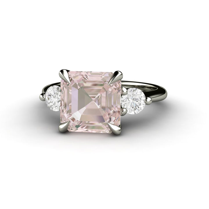 3 Stone Morganite Engagement Ring Asscher Cut with Diamonds and Claw Prongs - Rare Earth Jewelry