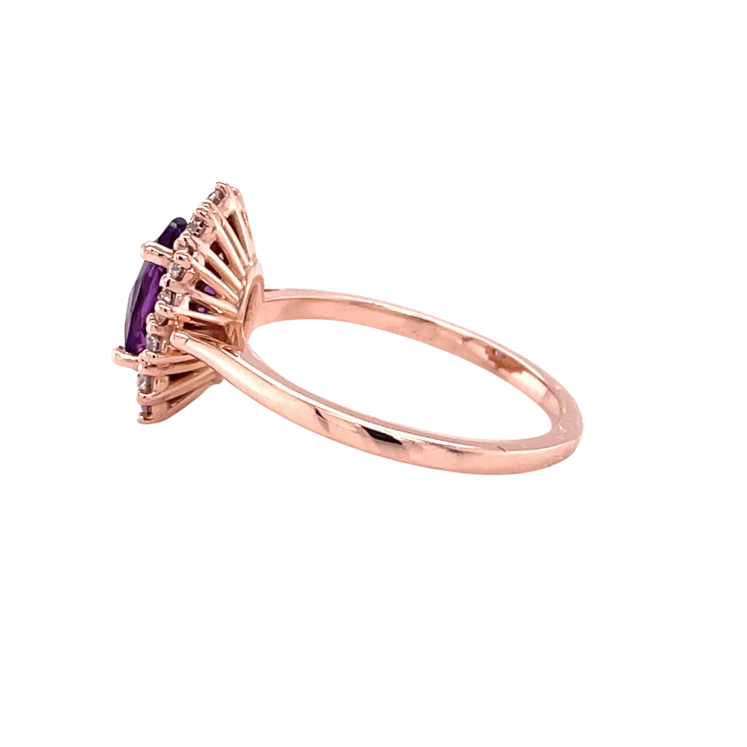 View of the gallery and design details of the vintage inspired oval Amethyst  ring in Rose Gold.  Rare Earth Jewelry