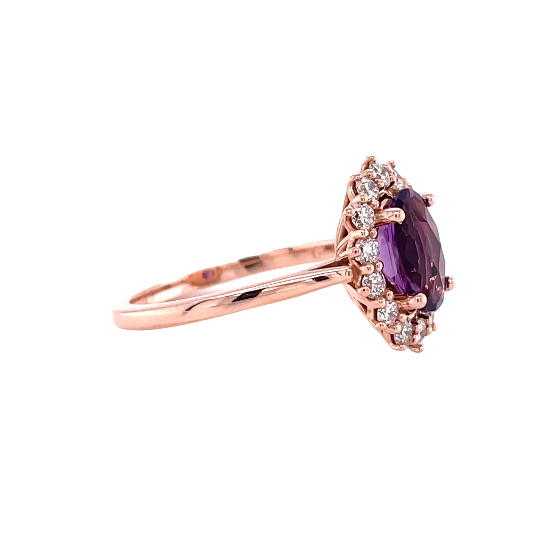 Side view of the Vintage Inspired Amethyst and Diamond Ring showing the Feminine Design Details of this Ovan Amethyst Ring, Shown in Rose Gold.  Rare Earth Jewelry