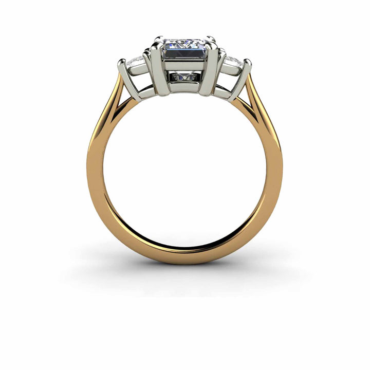 Gray Moissanite Engagement Ring Emerald Cut 3 Stone with Trillions
