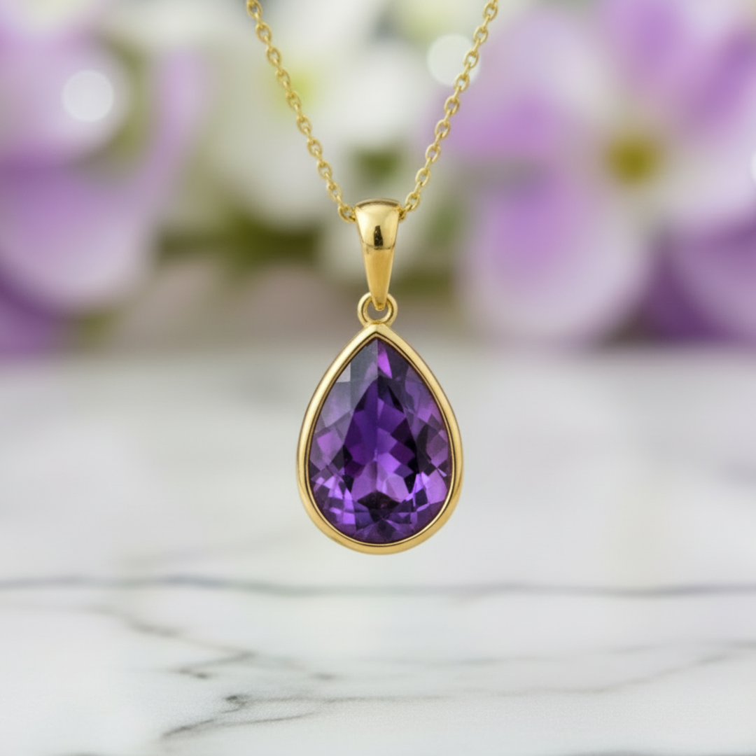 Natural amethyst pear cut necklace in 14K yellow gold bezel setting, modern purple gemstone pendant, February birthstone  | Rare Earth Jewelry