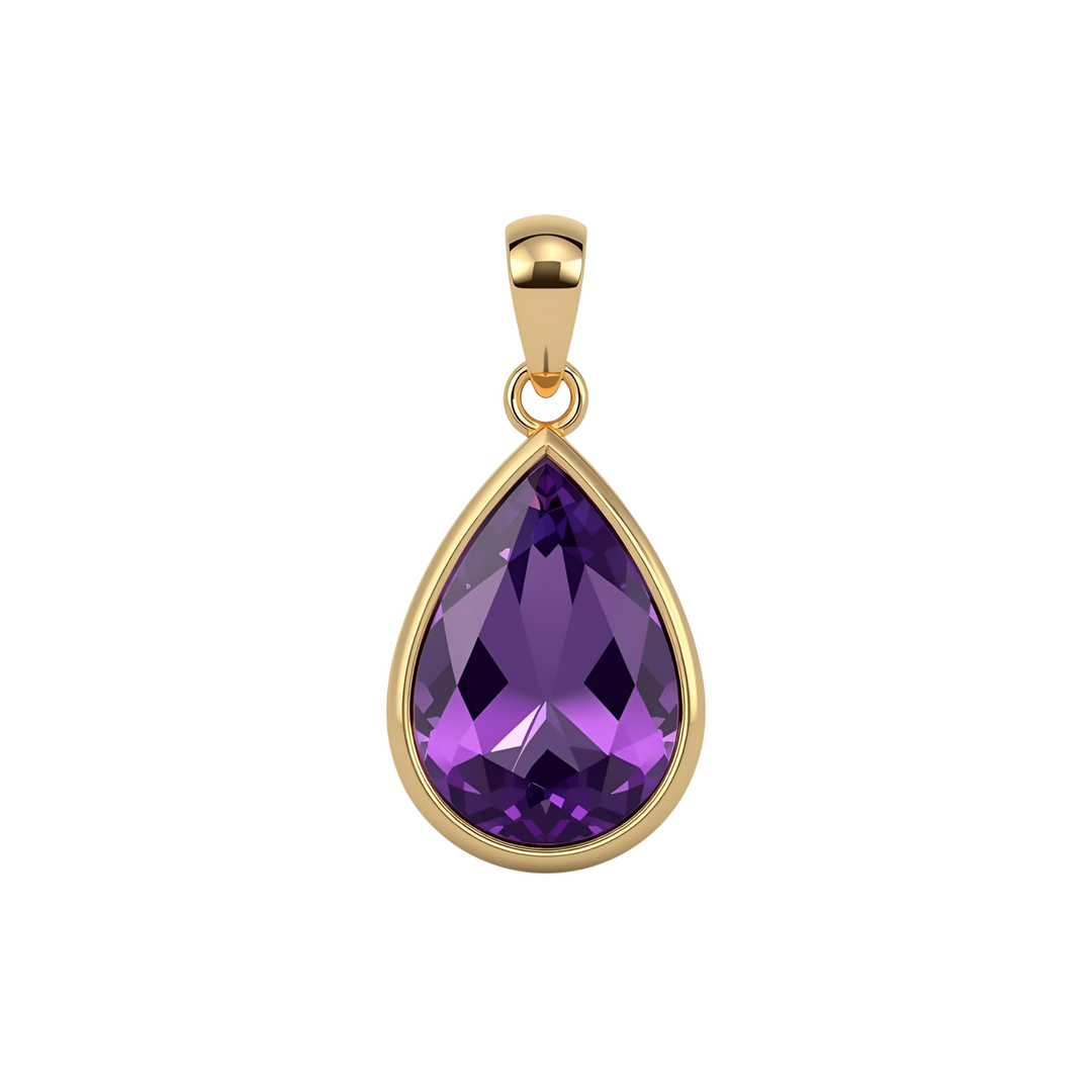 Loose pear cut amethyst pendant in 14K yellow gold bezel setting, pendant only option, modern February birthstone jewelry | Rare Earth Jewelry
