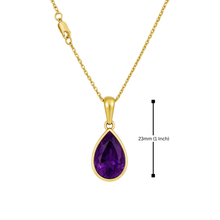Pear amethyst necklace in 14K yellow gold with size reference, 12x8mm pear cut bezel set purple gemstone pendant | Rare Earth Jewelry