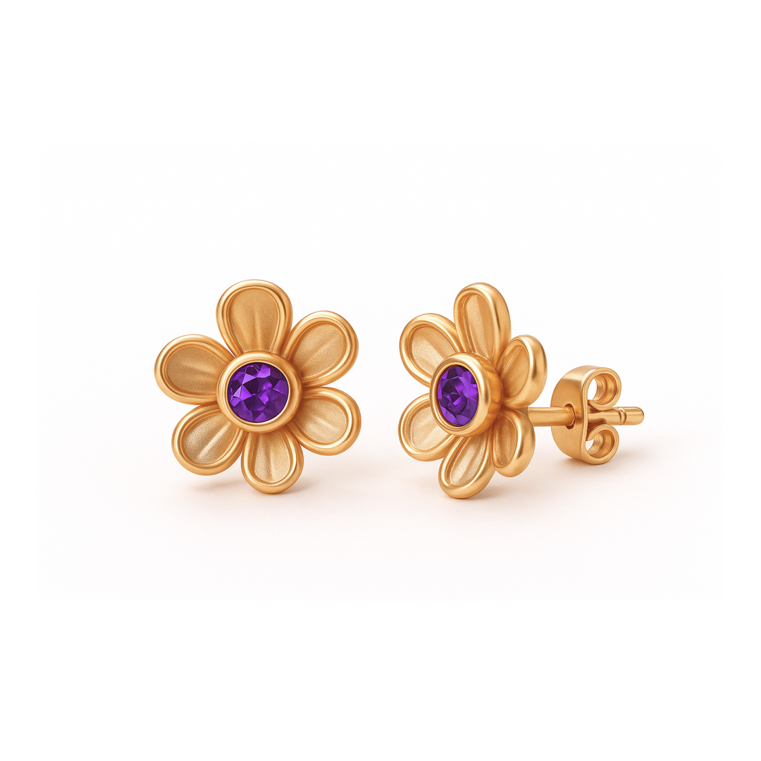 Amethyst stud earrings in a dainty 14K or 18K gold floral design. Natural February Birthstone Earrings, Purple Gemstone Studs | Rare Earth Jewelry