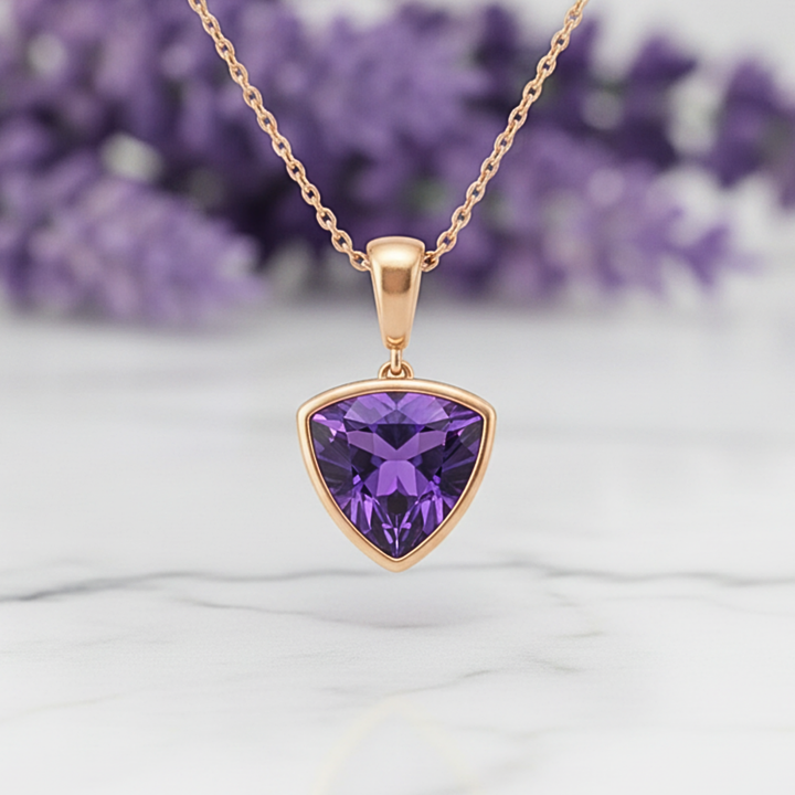 Trillion cut amethyst pendant necklace in 14K rose gold, modern bezel set minimalist design, natural purple gemstone necklace | Rare Earth Jewelry