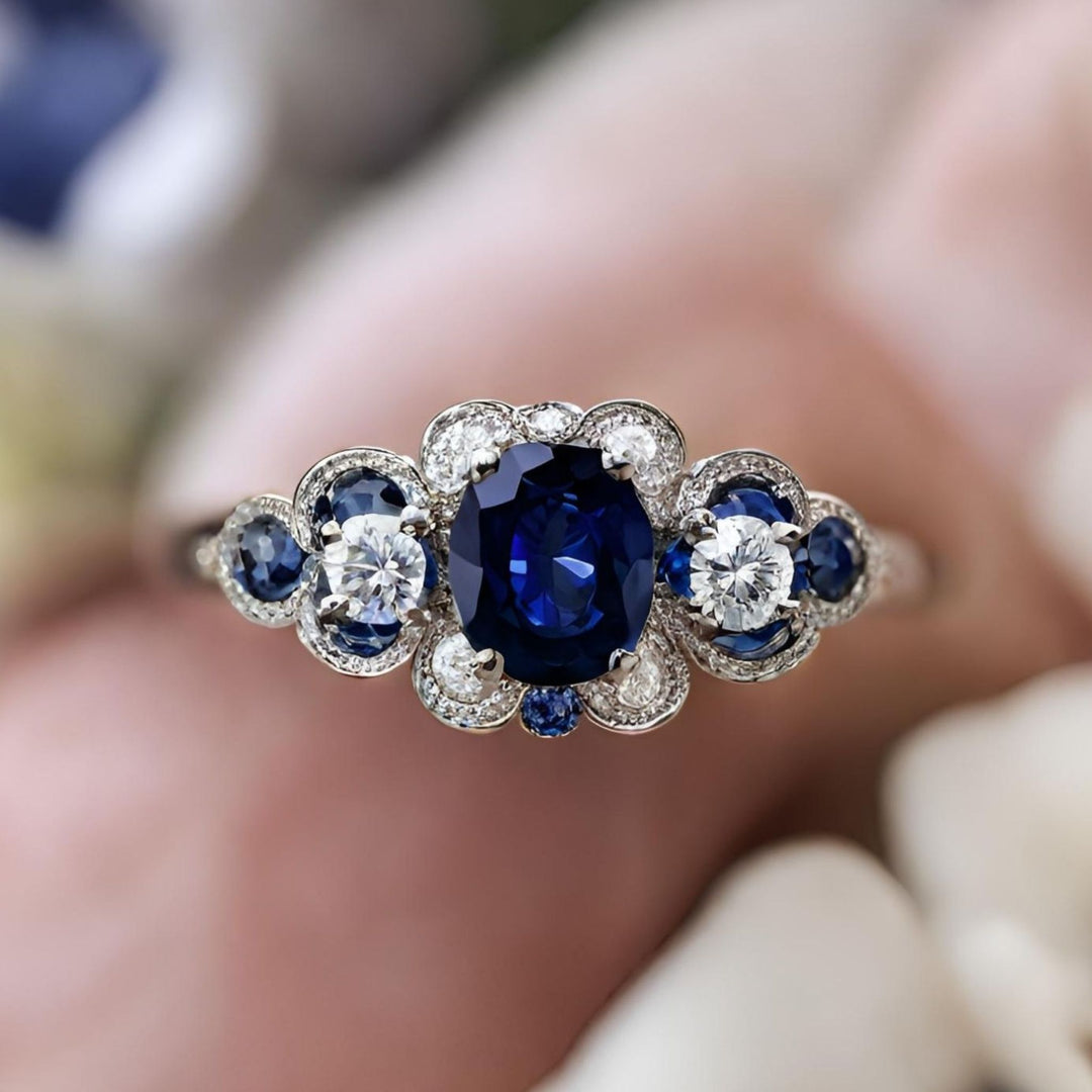 Antique style oval blue Sapphire engagement ring with diamonds in a Victorian inspired design from Rare Earth Jewelry.