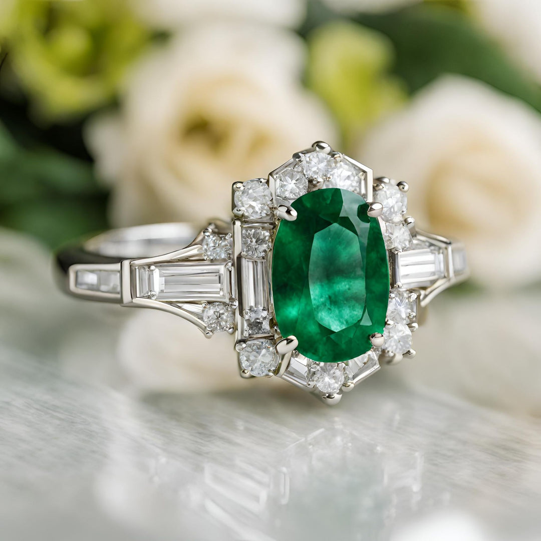 An antique style emerald engagement ring with an art deco design and diamond baguettes from Rare Earth Jewelry.