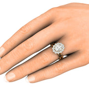 Antique style oval Moissanite engagement ring and wedding band, bridal set on the hand.