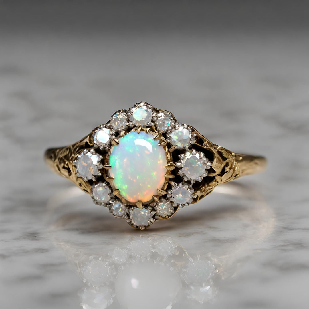 An antique style opal ring with an oval natural opal cabochon surrounded by natural diamonds in a Victorian design from Rare Earth Jewelry.