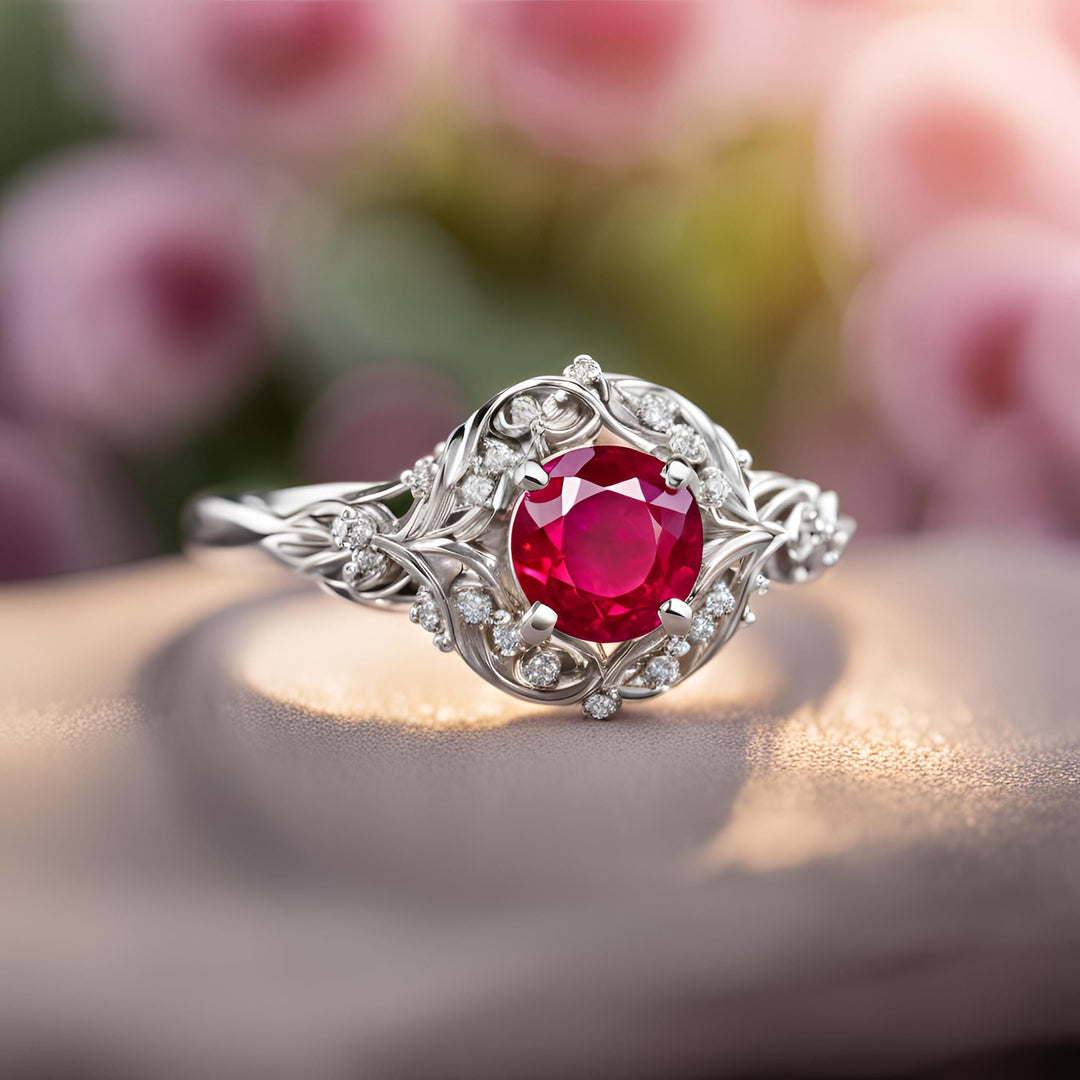 An antique style round ruby ring in an ornate filigree setting studded with diamonds from Rare Earth Jewelry.