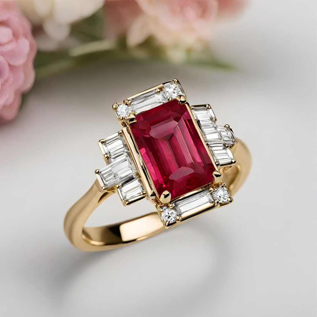 An antique style emerald cut ruby ring with diamond baguettes and a retro art deco design from Rare Earth Jewelry.