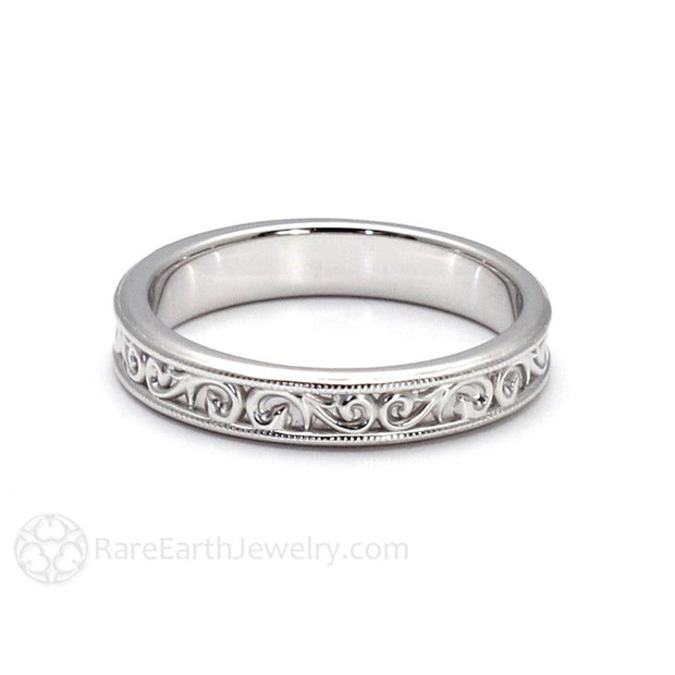Antique Style Wedding Band 4mm with Filigree Scroll Pattern - 14K White Gold  Rare Earth Jewelry