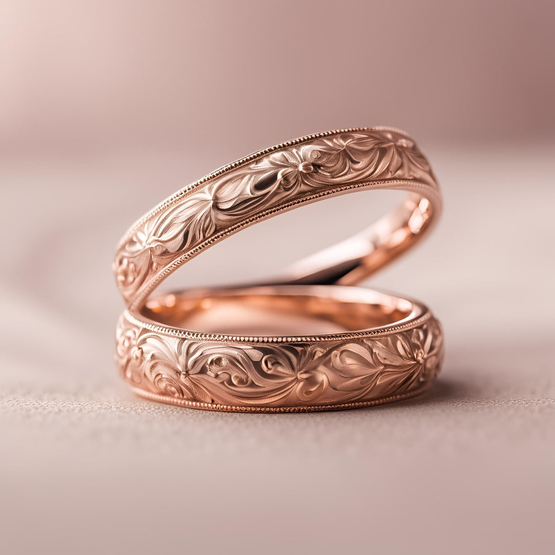 Antique style wedding rings for men or women with ornate engraved flower floral design in 14K or 18K gold from Rare Earth Jewelry.