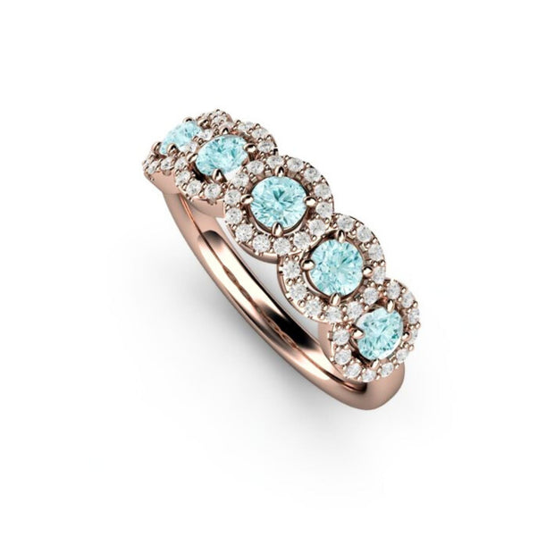 Aquamarine and diamond wedding ring in 18K Rose Gold.