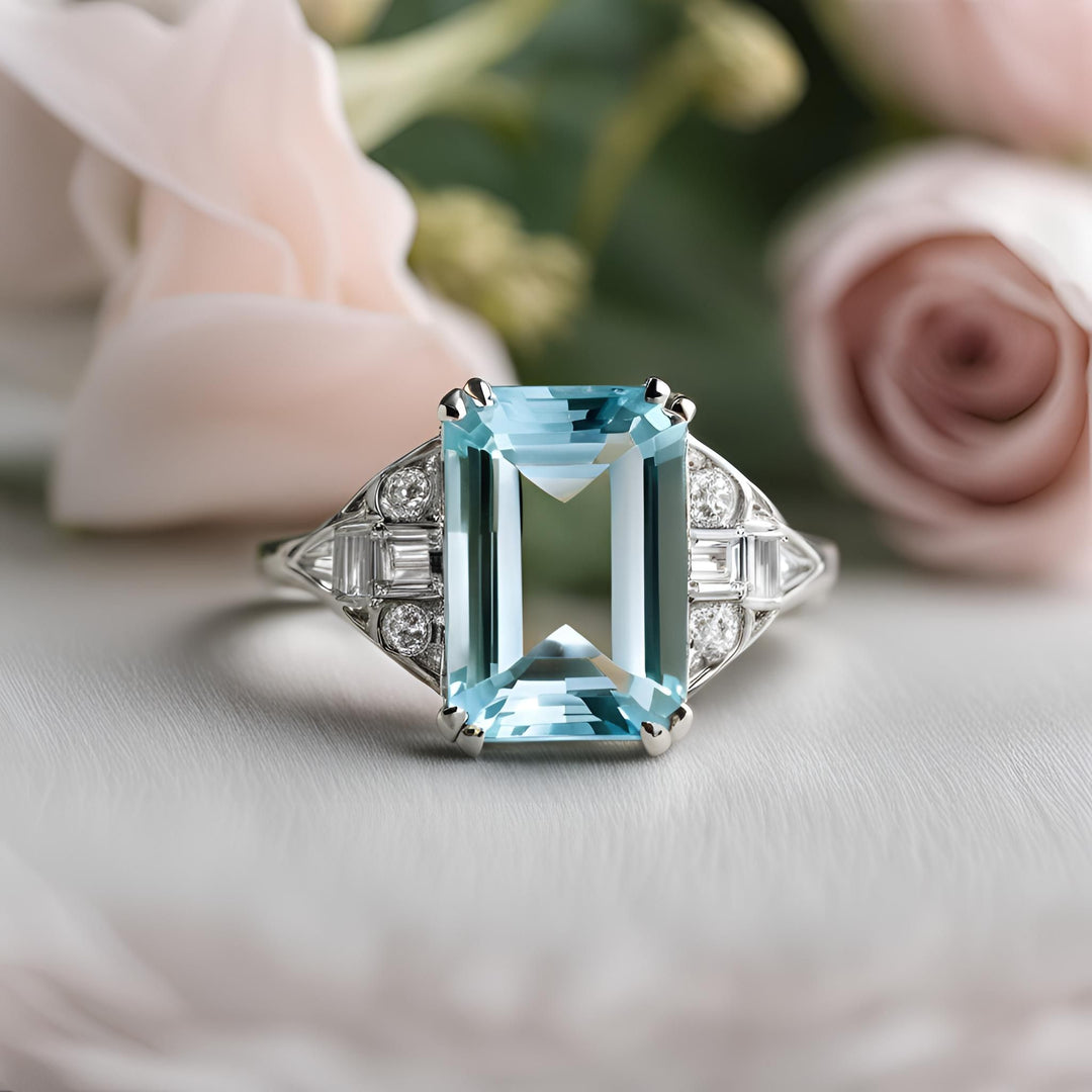 An antique style emerald cut Aquamarine ring with diamonds in an Art Deco design from Rare Earth Jewelry.