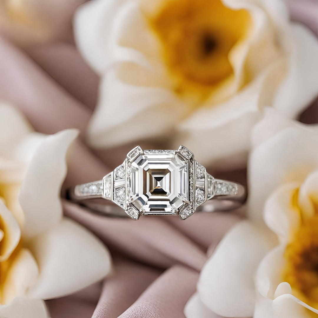 An Art Deco style asscher cut diamond engagement ring with diamond set prongs and a unique modern geometric design from Rare Earth Jewelry.