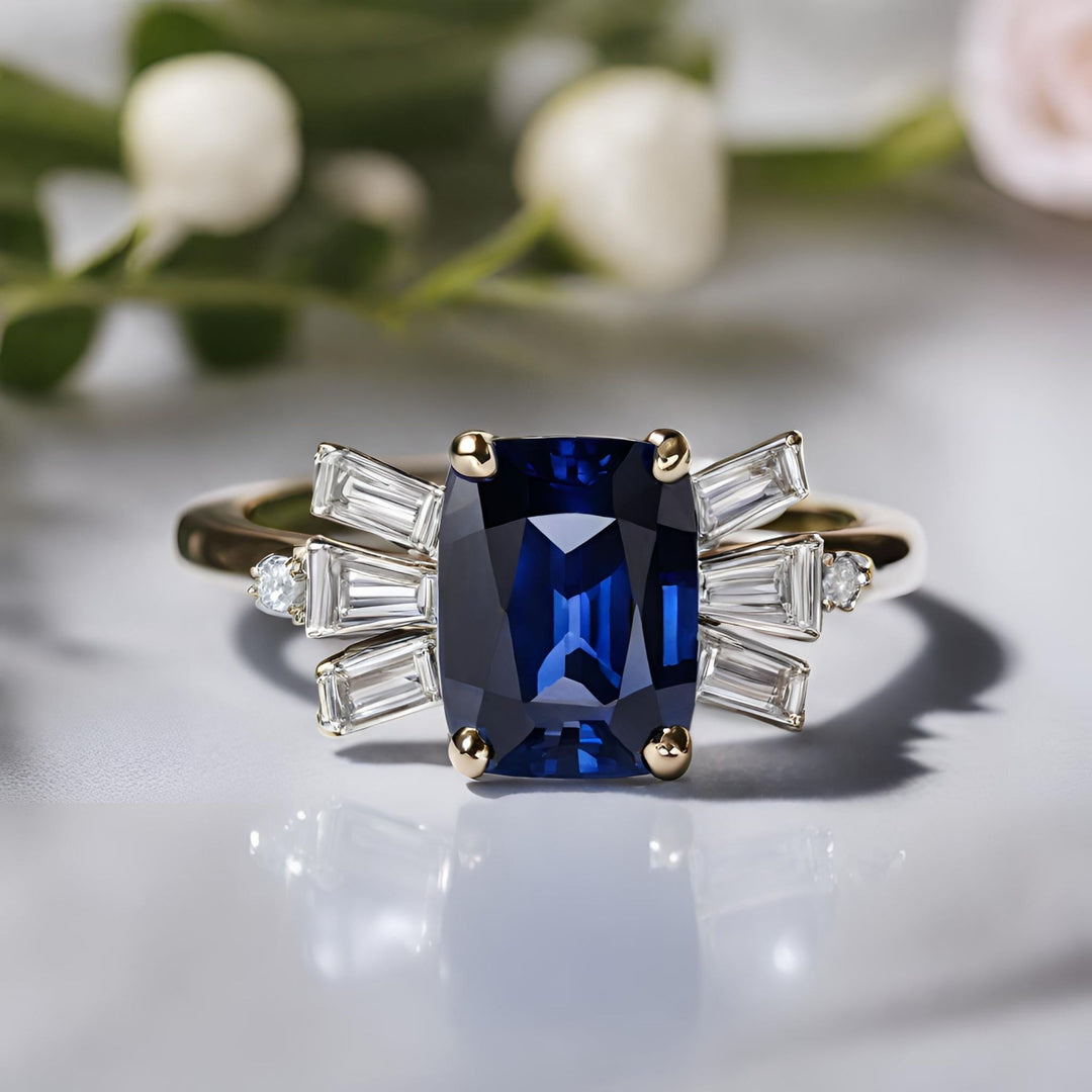 An Art Deco-inspired ring features a vibrant cushion cut blue sapphire, accented by diamond baguettes in a unique fan arrangement from Rare Earth Jewelry.