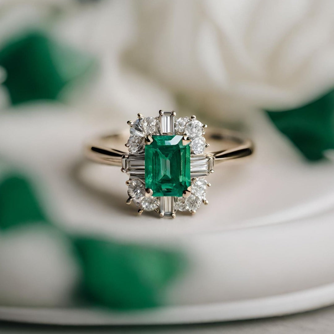 Antique style Art Deco Natural Emerald Ring with Diamond Baguettes from Rare Earth Jewelry.