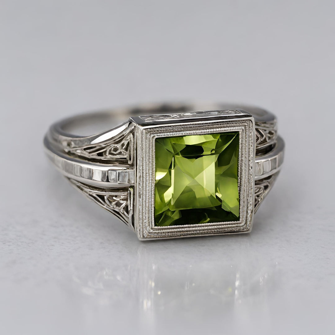 Art deco style square Peridot ring with diamonds antique inspired design from Rare Earth Jewelry.