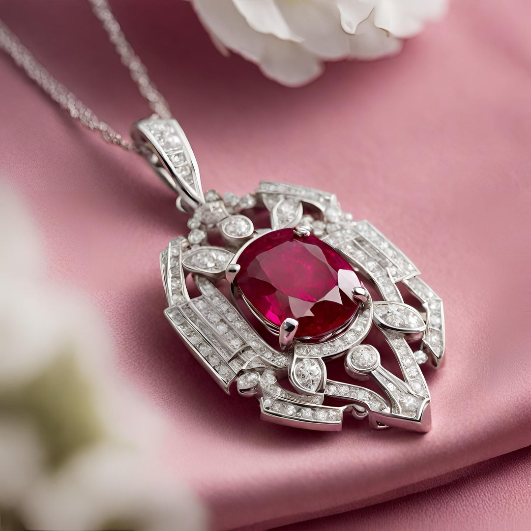 A ruby and diamond pendant in an art deco inspired design in white gold from Rare Earth Jewelry. 