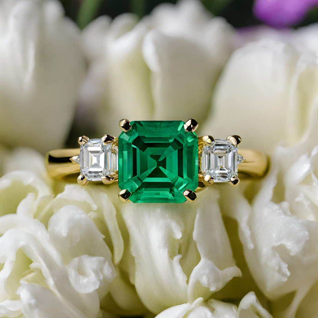 A three stone Asscher cut Emerald Engagement Ring with Diamonds from Rare Earth Jewelry.