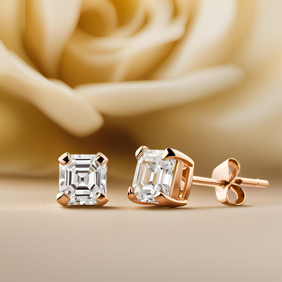 Asscher cut lab grown diamond stud earrings in 14K Rose Gold, F/VS Lab Created Diamond earrings in .50ct, 1ct, 1.5ct, 2ct to 4ctw