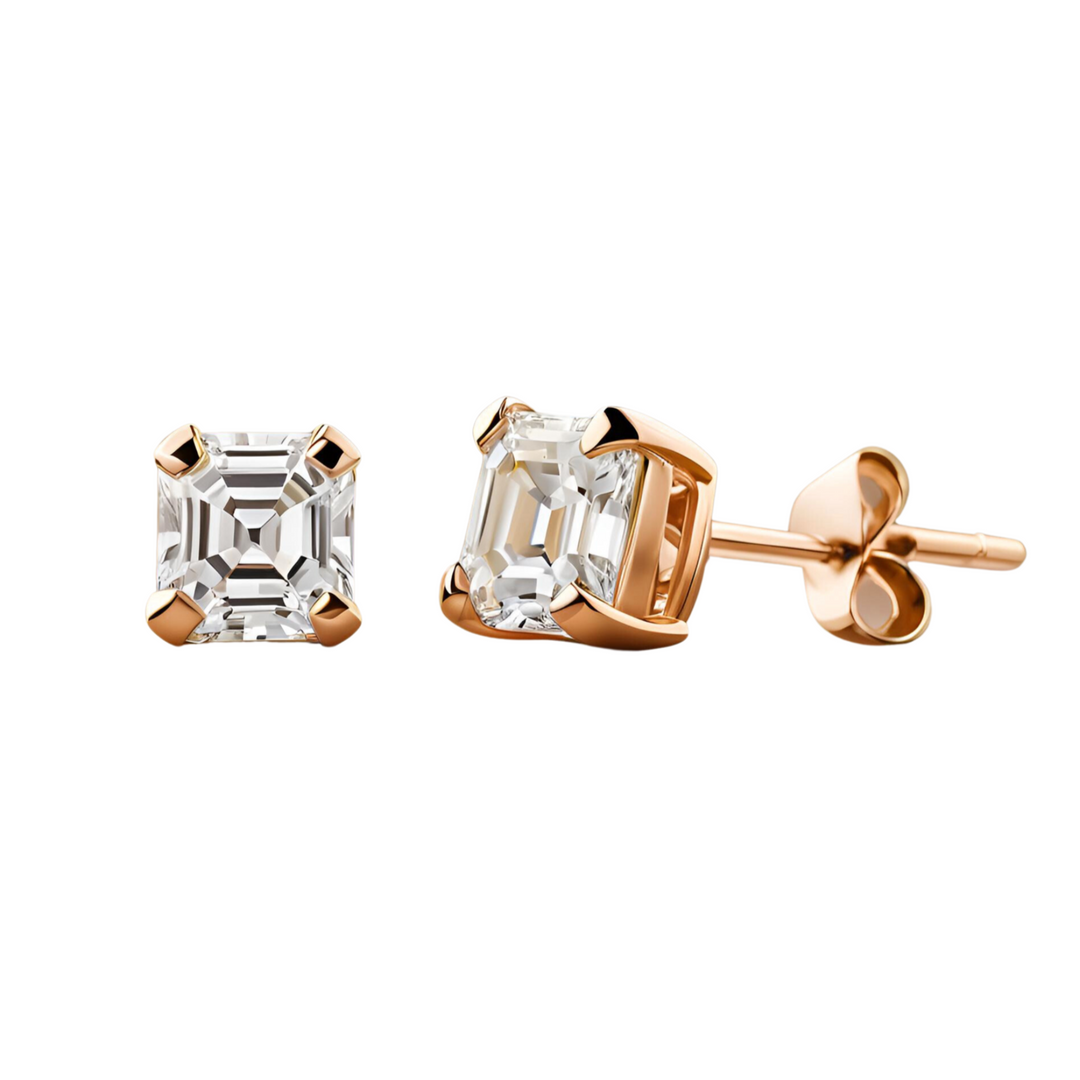 Asscher Cut Lab Grown Diamond Stud Earrings in 14K Rose Gold Settings in Sizes from .50ctw to 4.0ctw