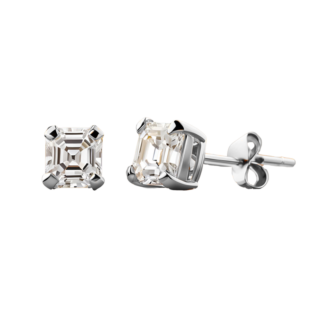 Asscher Cut Lab Grown Diamond Stud Earrings in 14K White Gold .50 carat, 1 carat, 1.5 carats, 2 carats to 4.0 carats total weight