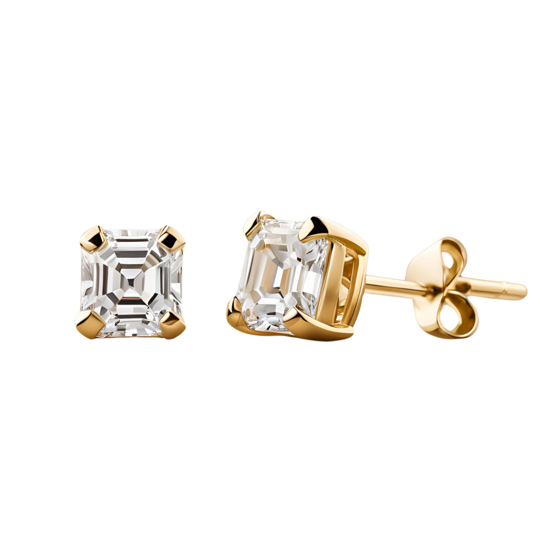 Asscher Cut Lab Grown Diamond Stud Earrings in 14K Yellow Gold Settings in Sizes from .50ctw to 4.0ctw