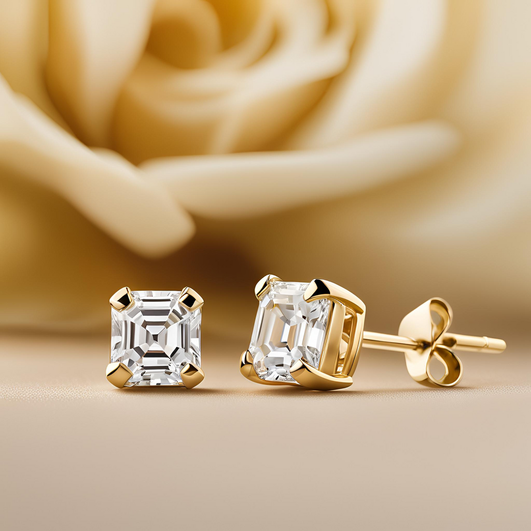 Asscher cut lab grown diamond stud earrings in 14K Yellow Gold. F/VS Lab Created Diamonds in 3.5mm. 4/5mm. 5mm. 5.5mm and 7mm, IGI Certified