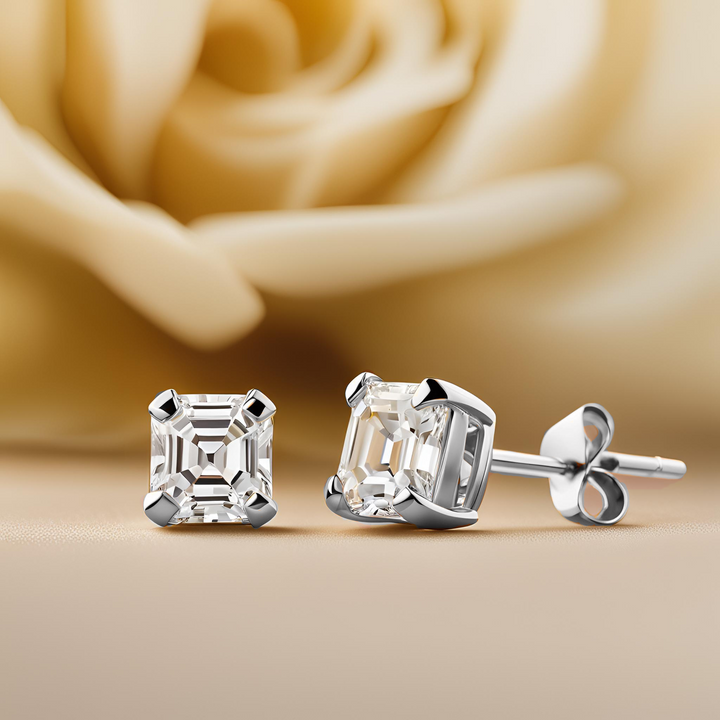 Certified Lab grown diamond earrings, Asscher cut studs in 14K White Gold in sizes from .50 to 4.0 carats total weight