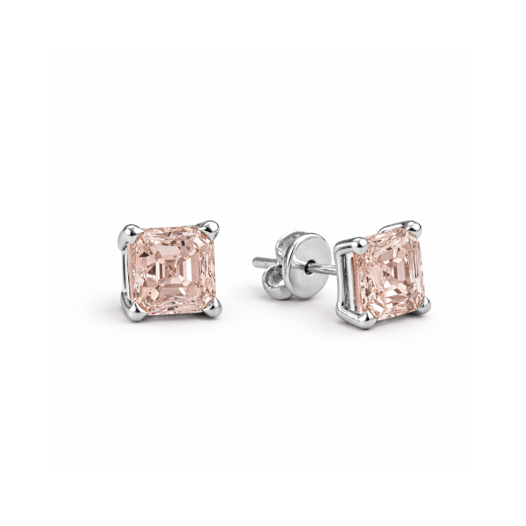 Asscher Cut Morganite Stud Earrings in 14K White Gold Soft Pink Gemstone Earrings | Rare Earth Jewelry