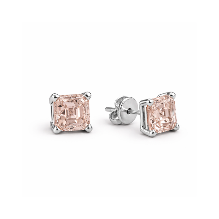 Asscher Cut Morganite Stud Earrings in 14K White Gold Soft Pink Gemstone Earrings | Rare Earth Jewelry