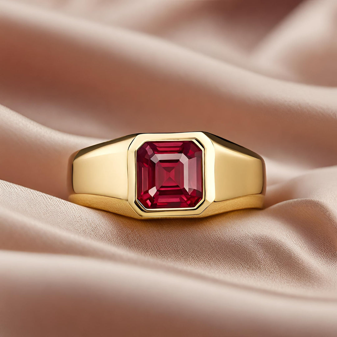 An asscher cut Ruby ring for men or women with a modern bezel setting from Rare Earth Jewelry.