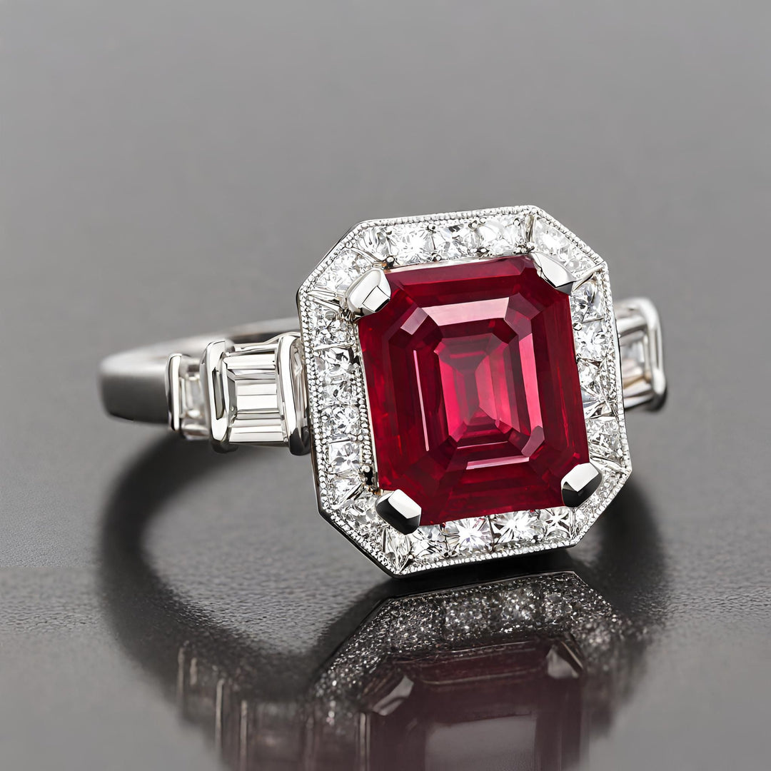 A classic asscher cut Ruby engagement ring with pave set diamond halo and baguettes from Rare Earth Jewelry.