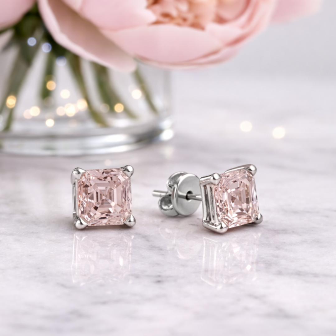 Natural Morganite Stud Earrings Asscher Cut Pink Gemstone Studs in White Gold | Rare Earth Jewelry