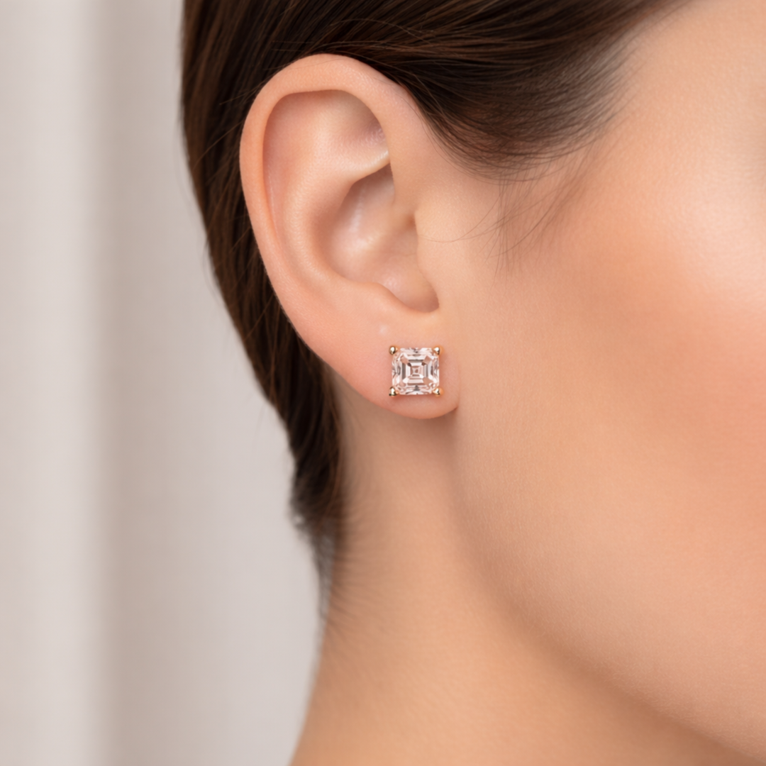 5.5mm Asscher Cut Morganite Stud Earrings on Ear Pink Morganite Earrings in 14K Rose Gold | Rare Earth Jewelry