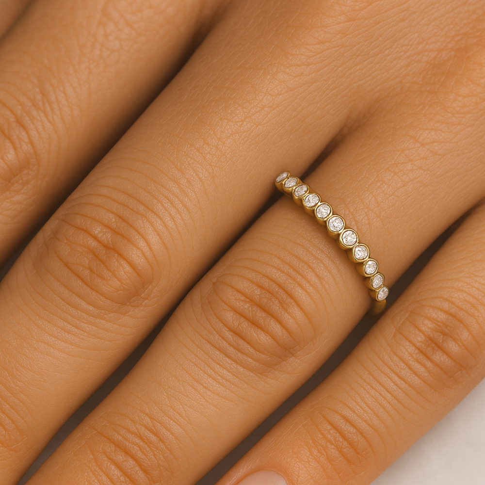 Bezel set diamond wedding band, dainty diamond stacking ring, bubble style ring on hand | Rare Earth Jewelry
