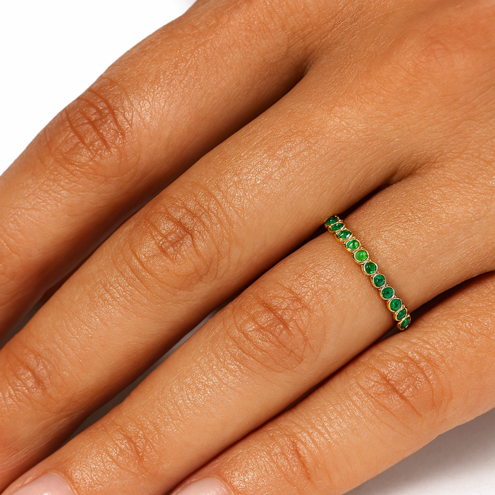 Bezel Set Natural Emerald Ring on Hand, Dainty Emerald Anniversary Band, Bubble Style Stacking Ring on Finger | Rare Earth Jewelry