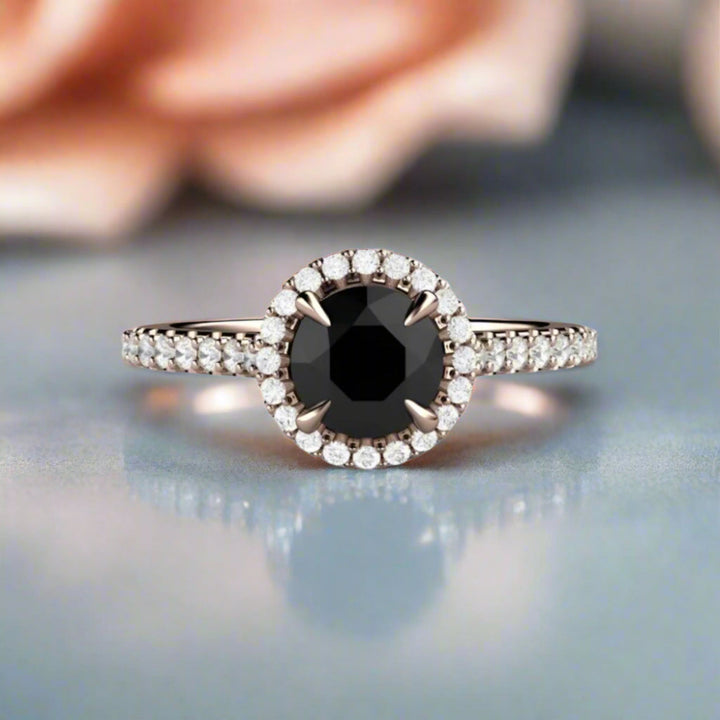 Round Black Diamond Engagement Ring, 1 Carat Pavé Diamond Halo, Cathedral Setting, Claw Shaped Prongs and Hidden Diamonds | Rare Earth Jewelry