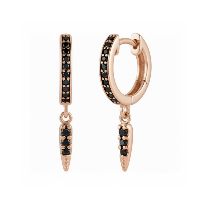 Black Diamond Hoop Earrings | 14K Gold Huggies with Arrow Dangle | Single or Pair