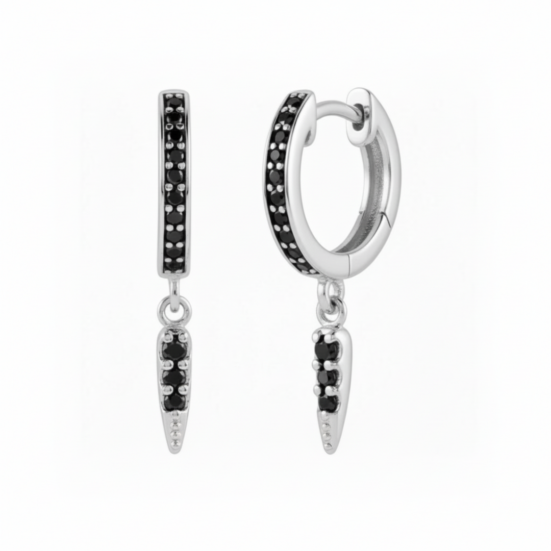 Black Diamond Hoop Earrings | 14K Gold Huggies with Arrow Dangle | Single or Pair